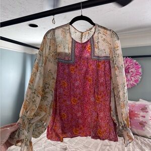 entro Pink and Cream Floral Patchwork Sheer-Sleeve Blouse